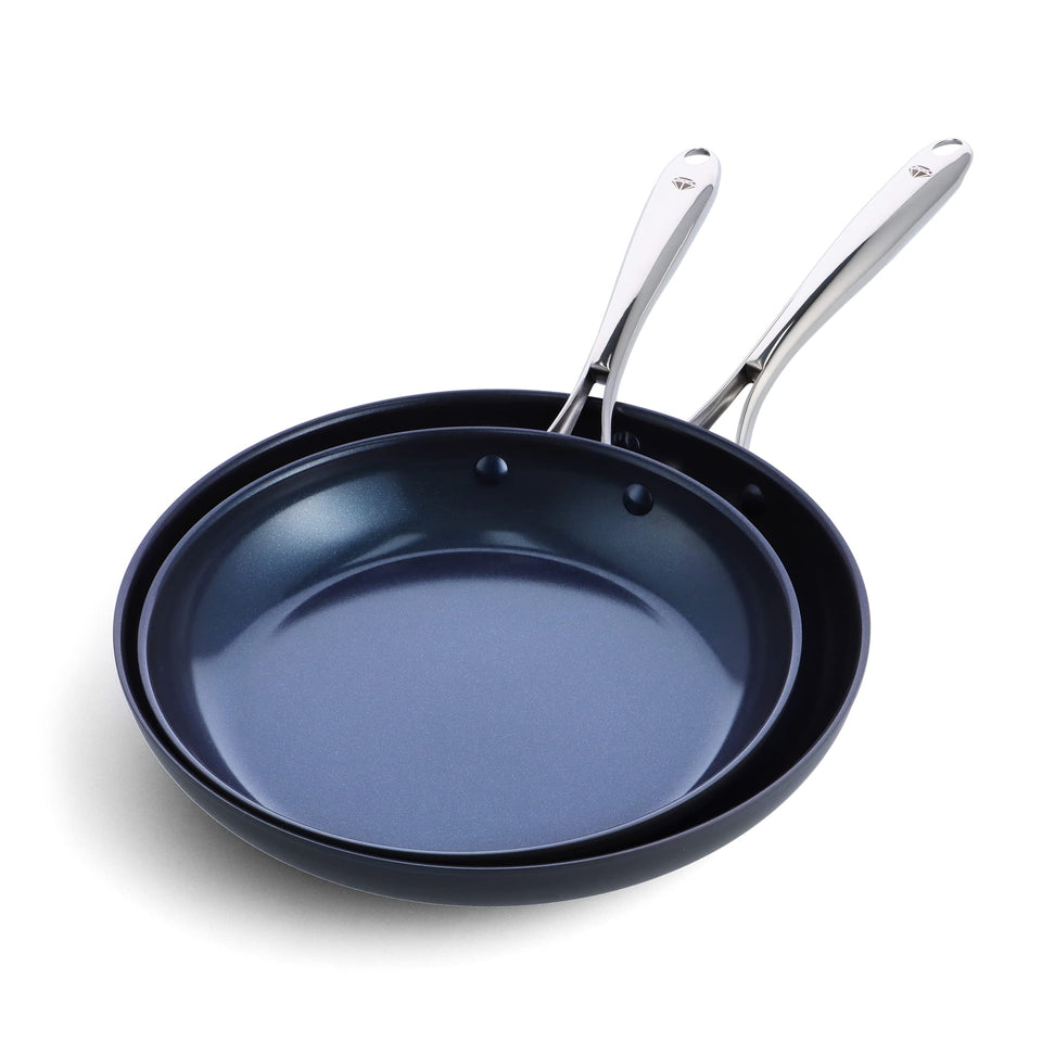 Blue Diamond Hard Anodized ceramic nonstick set on stove for even heat and easy searing