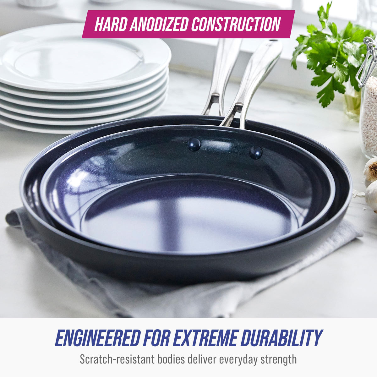 Blue Diamond Hard Anodized ceramic nonstick surface releasing food smoothly with minimal oil
