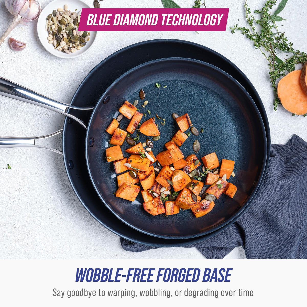 Blue Diamond Hard Anodized oven-safe up to 600 degrees Fahrenheit for versatile cooking