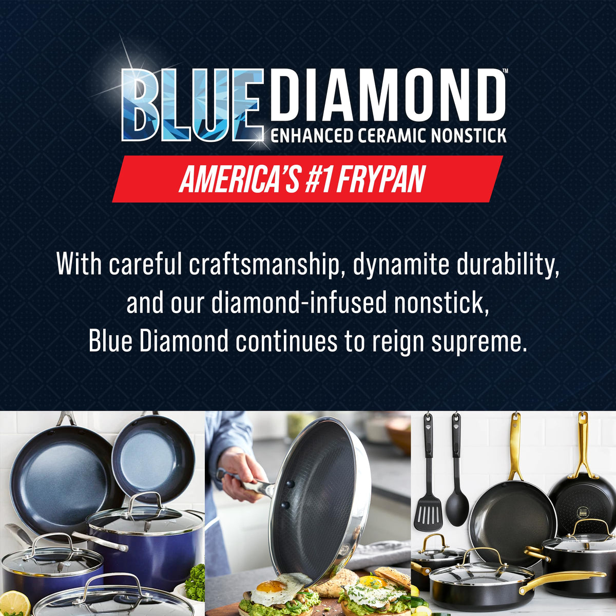 Blue Diamond Hybrid 12-Piece Cookware Set stay-cool handles during use.
