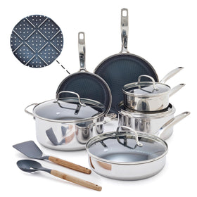 Blue Diamond Hybrid 12-Piece Cookware Set top view highlighting diamond-textured surface for even heating.