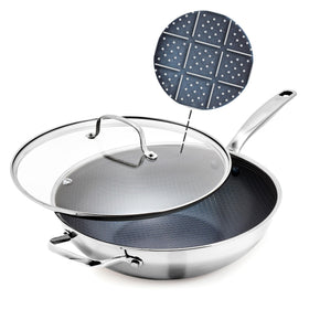 Blue Diamond hybrid nonstick wok with lid showing durable nonstick for easy-release stir-fries