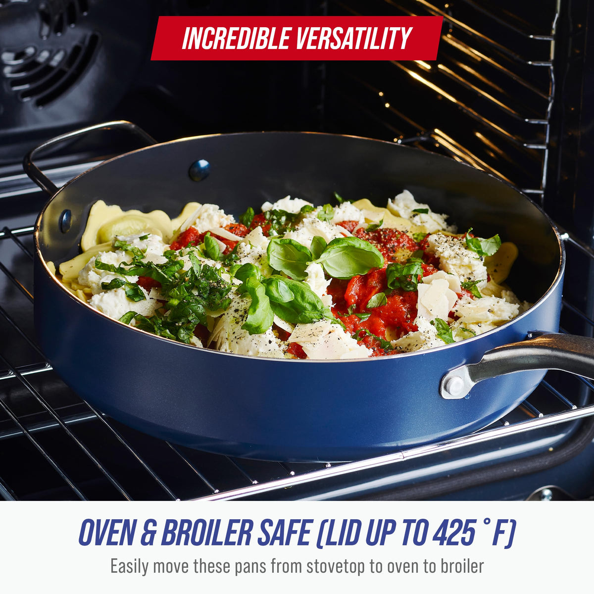 Blue Diamond pan with induction-ready base works on all cooktops.