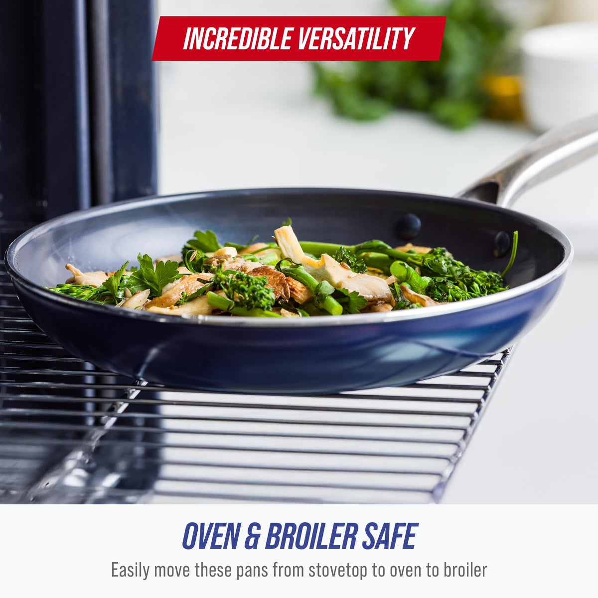 Blue Diamond rapid heat transfer illustrating faster cooking and easy cleanup.