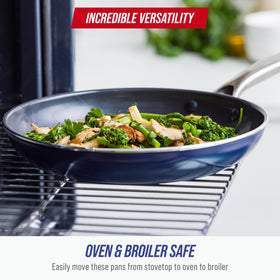 Blue Diamond rapid heat transfer illustrating faster cooking and easy cleanup.