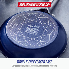 Blue Diamond riveted stainless steel handles provide secure oven-ready grip.