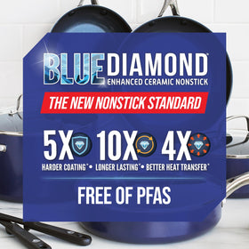 Blue Diamond riveted stainless steel handles provide sturdy grip.