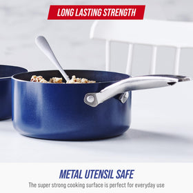 Blue Diamond saucepan handle stays cool for a secure grip while cooking.