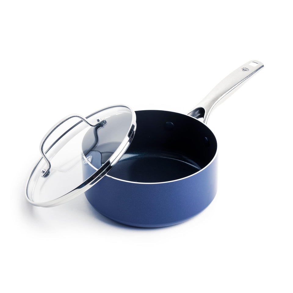 Blue Diamond saucepan lid with clear view for quick checks during cooking.