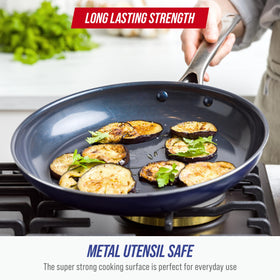 Blue Diamond riveted handle close-up shows secure, stay-cool grip during cooking.