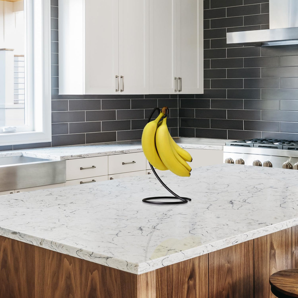 Blue Donuts banana hanger modern design complements kitchen decor.