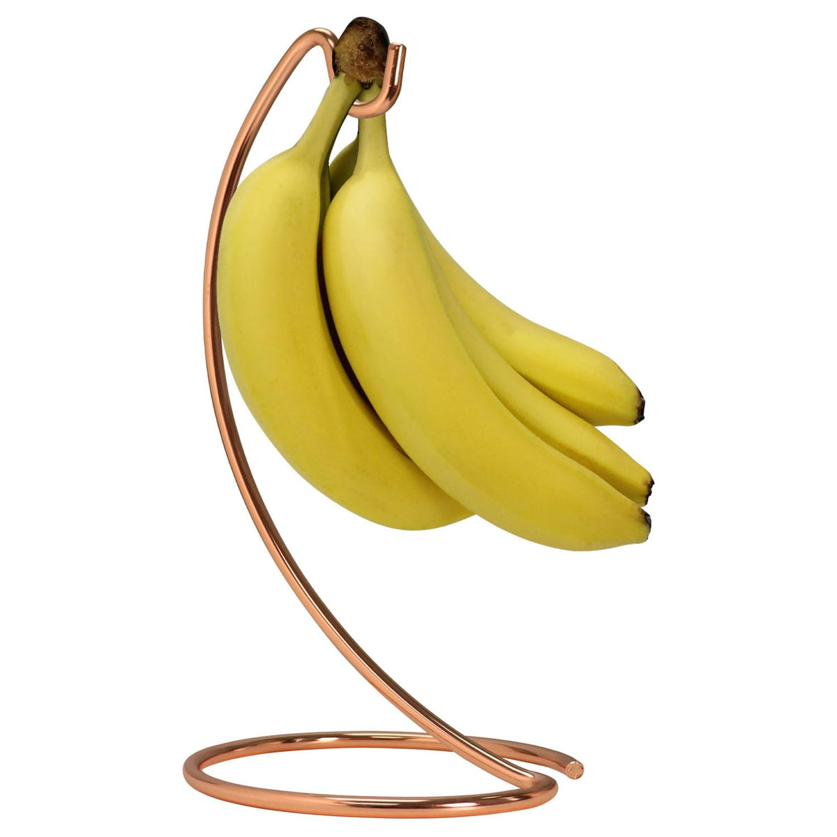 Blue Donuts Banana Tree copper hanger secures a banana bunch under cabinets, preventing tipping.