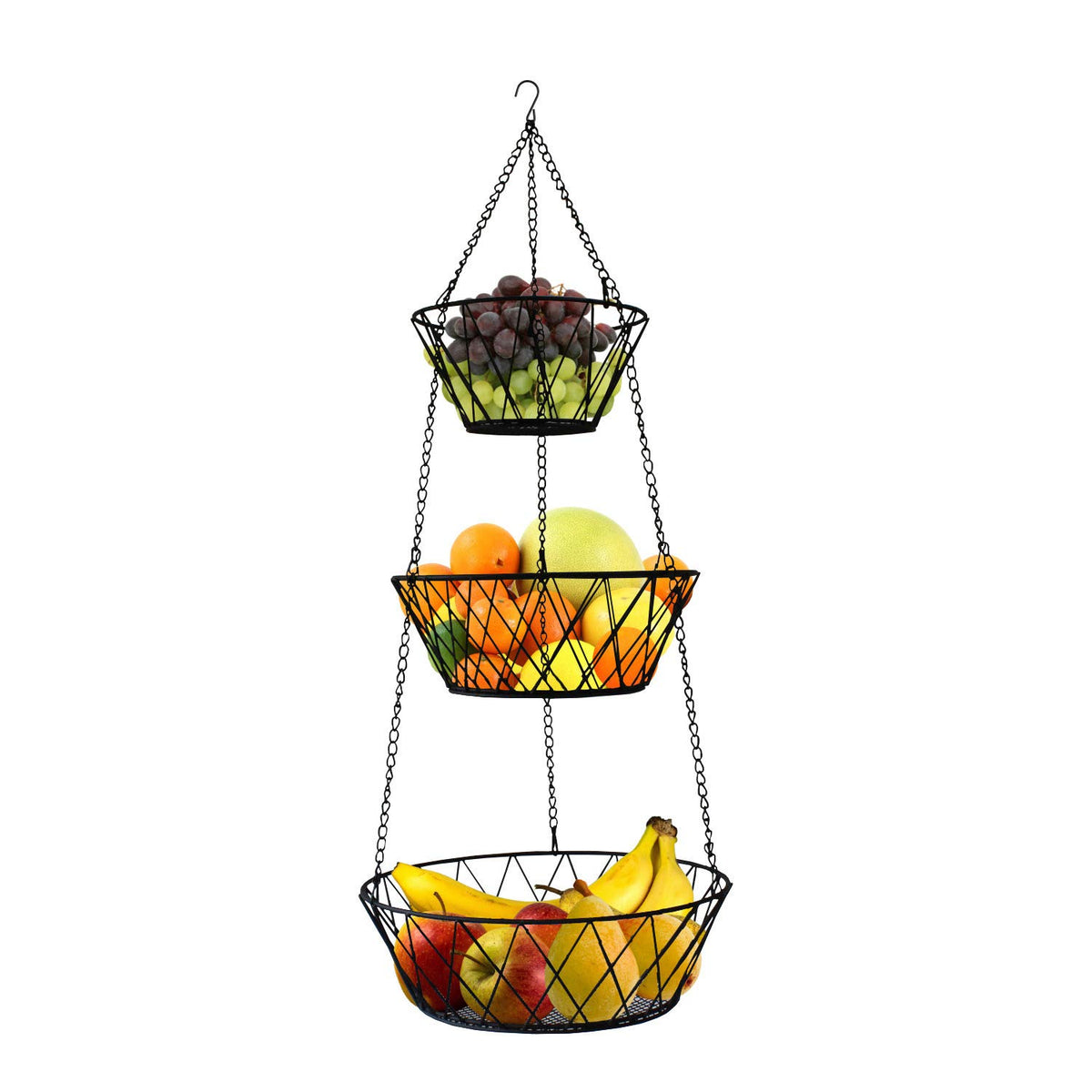 Blue Donuts heavy duty 3-tier hanging fruit basket front view for space saving