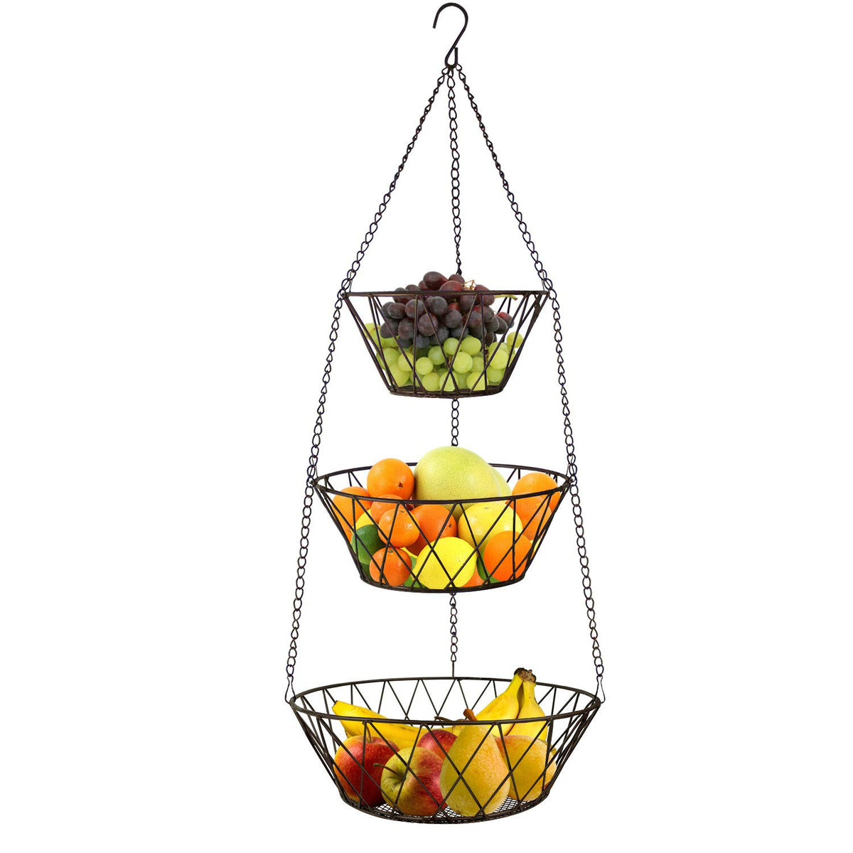 Blue Donuts bronze three-tier basket front view for space-saving kitchen display.