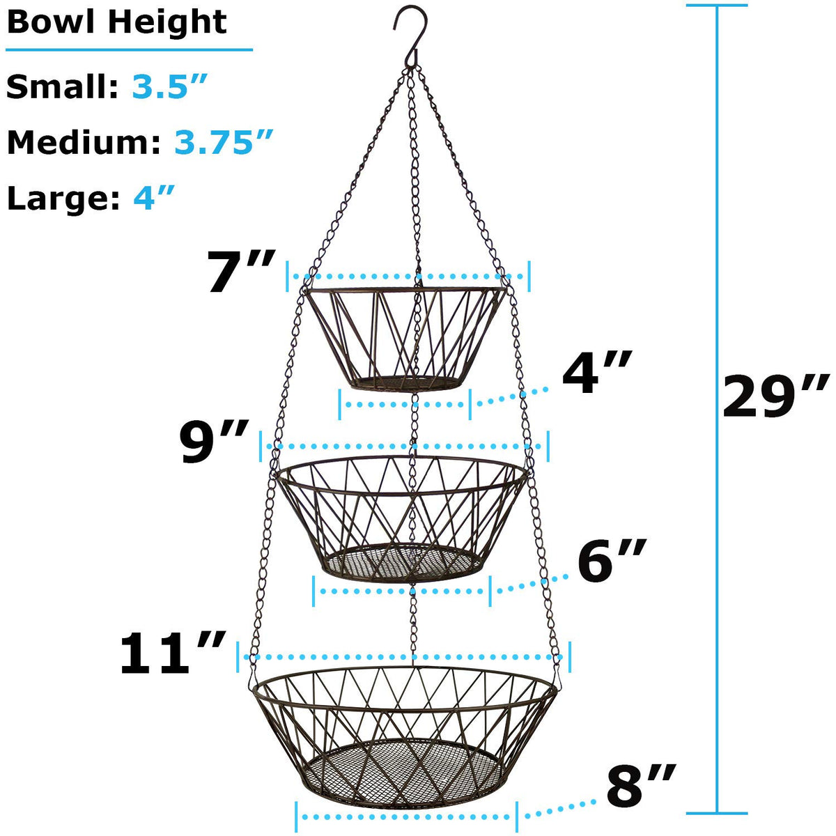 Blue Donuts bronze three-tier basket side view showing compact storage potential.