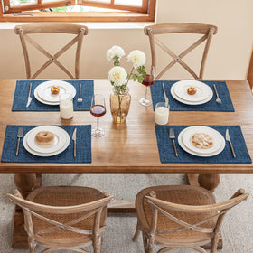 Blue Forest 12x18 placemats fit diverse dishware without crowding.