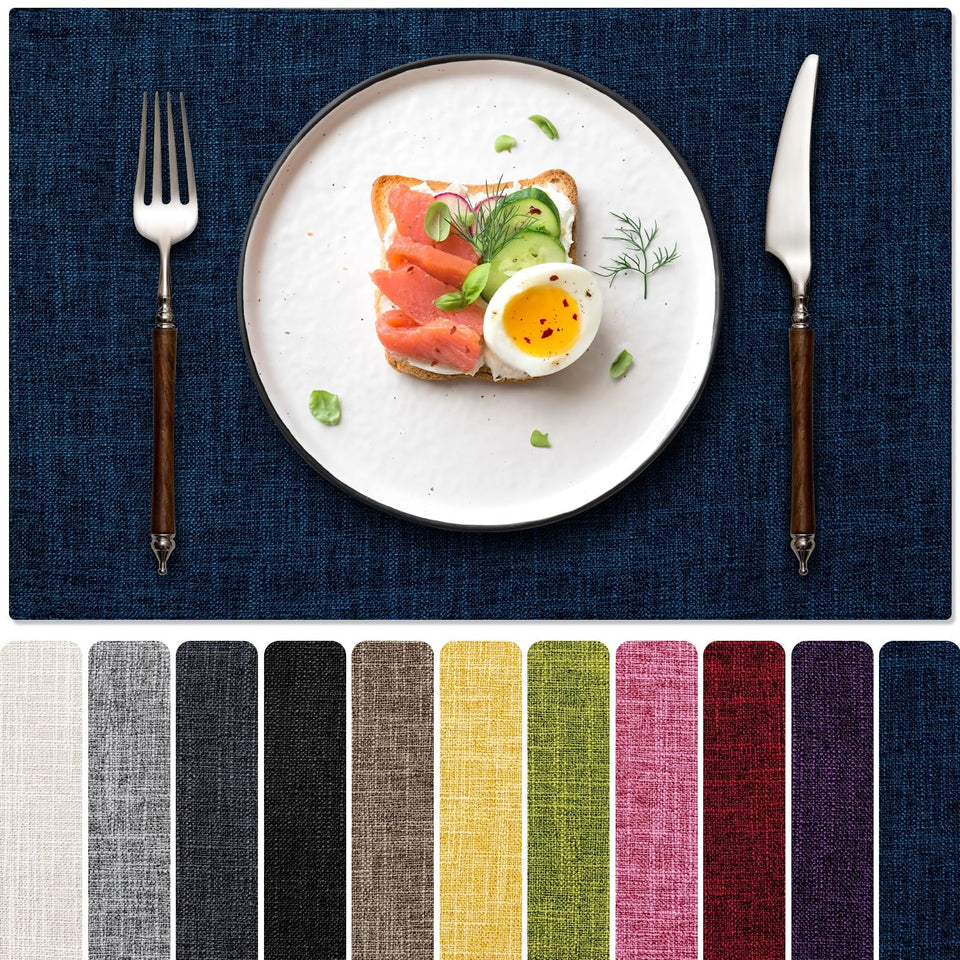 Blue Forest placemats dual-layer faux linen navy provide durable protection for tabletops.