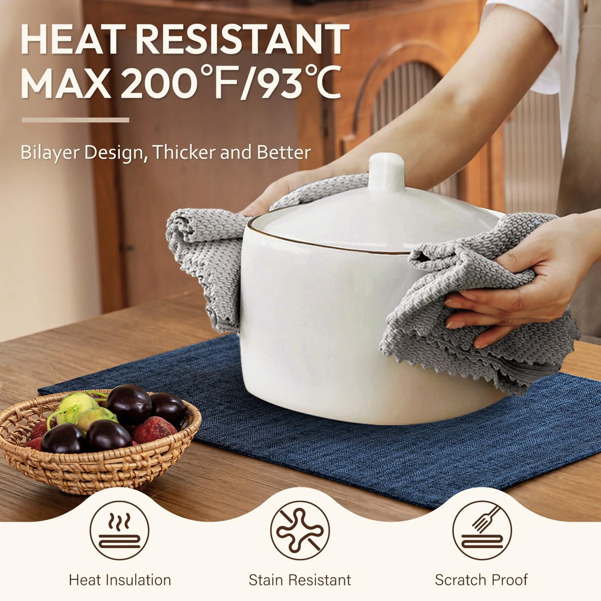 Blue Forest machine-washable placemats simplify post meal cleanup and care.