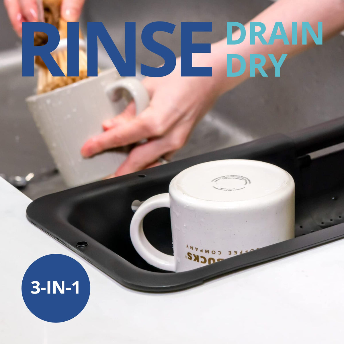 BLUE GINKGO colander basket over sink usage supports drying utensils and cups