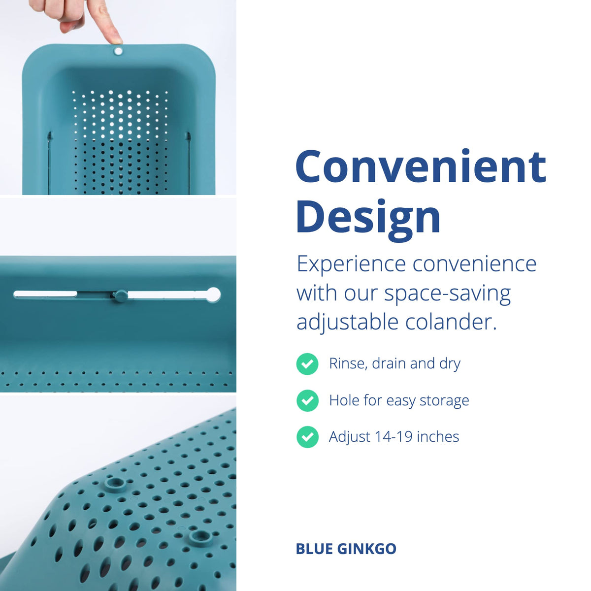 BLUE GINKGO expand-over-sink colander draining pasta safely.