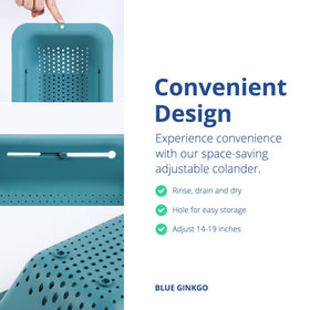 BLUE GINKGO expand-over-sink colander draining pasta safely.