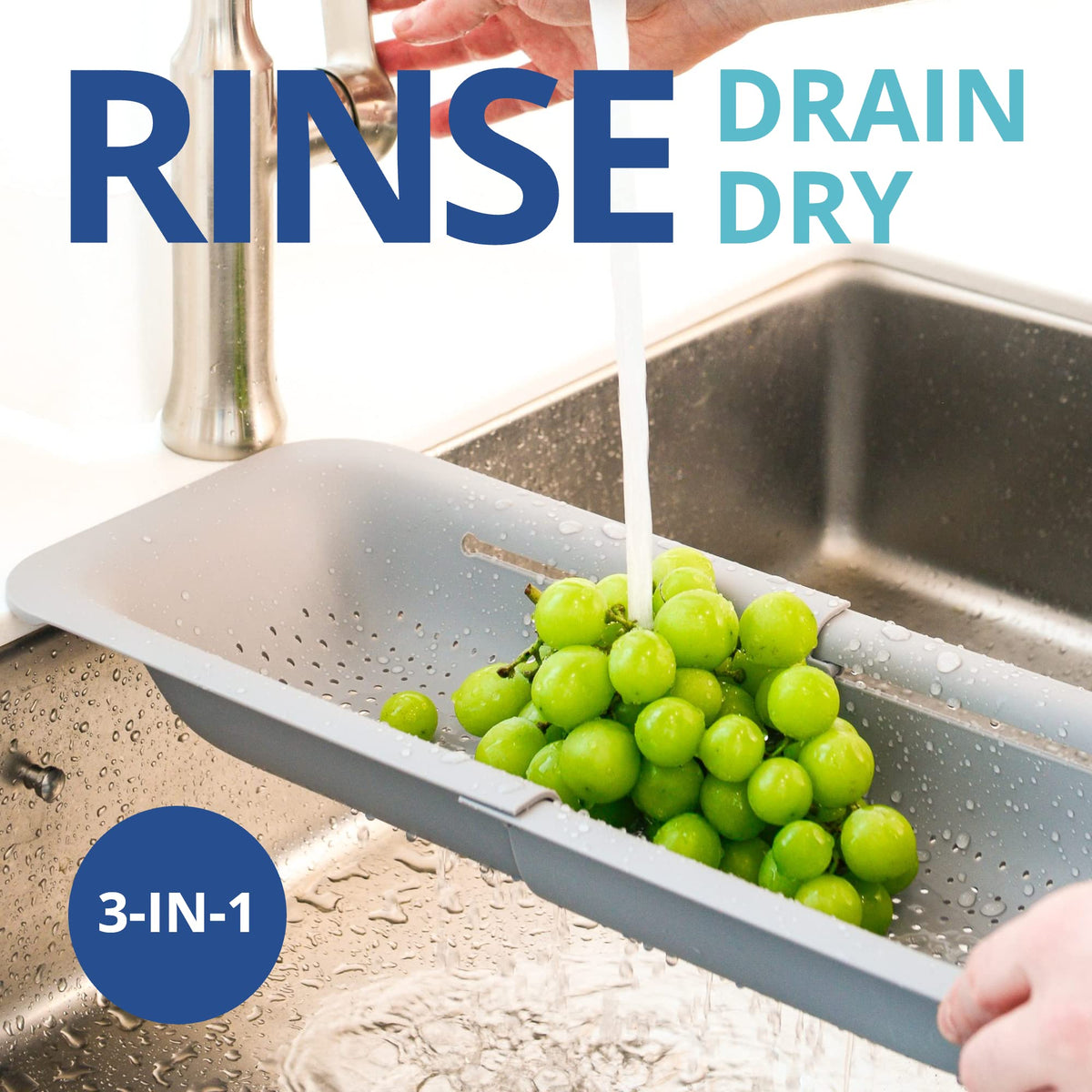 Blue Ginkgo colander drains pasta after cooking.
