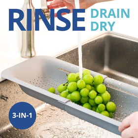 Blue Ginkgo colander drains pasta after cooking.