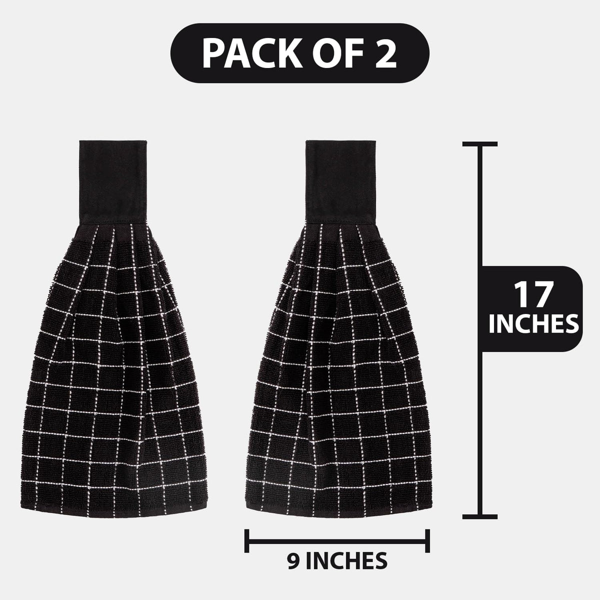 Two Blue Needles towels measure 9x17 inches for compact kitchen coverage