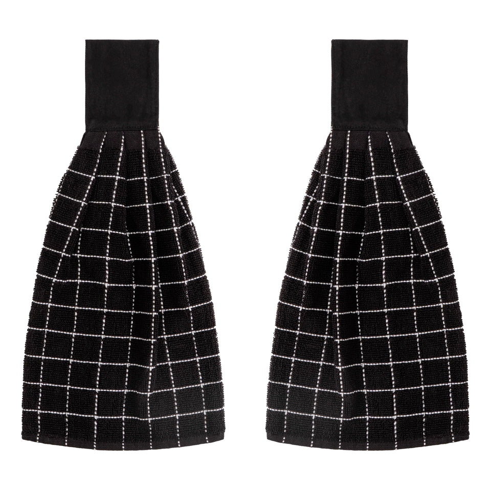 Blue Needles black hanging towels on a hook for quick hand drying
