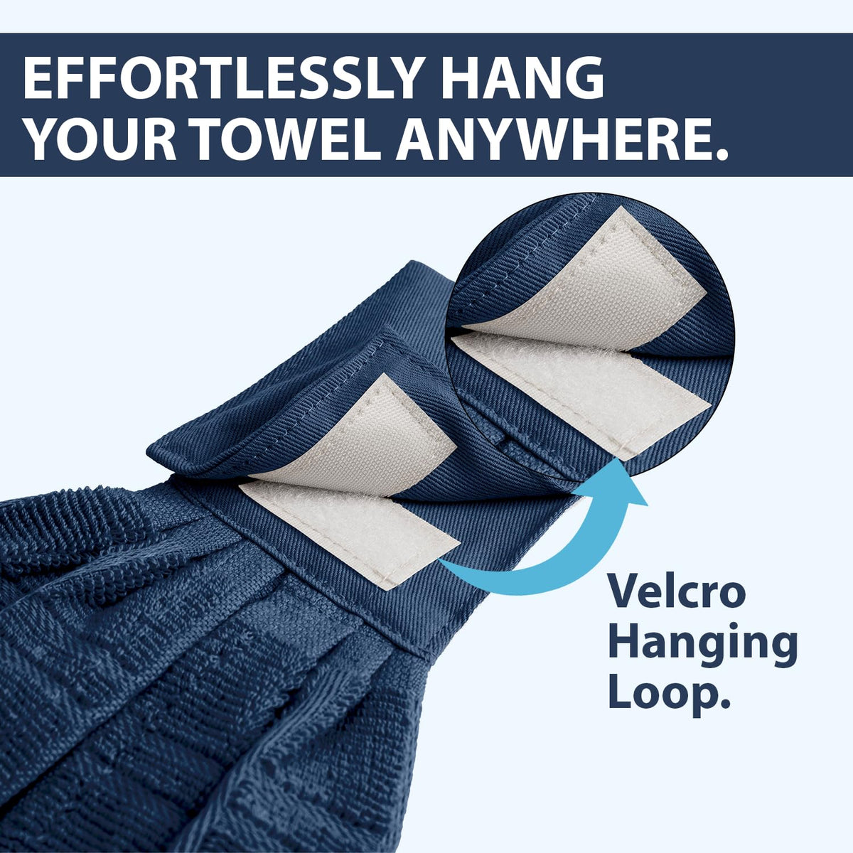 Blue Needles towels with loop design stay securely hung on oven handles and hooks.