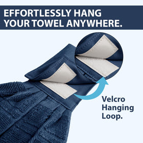 Blue Needles towels with loop design stay securely hung on oven handles and hooks.