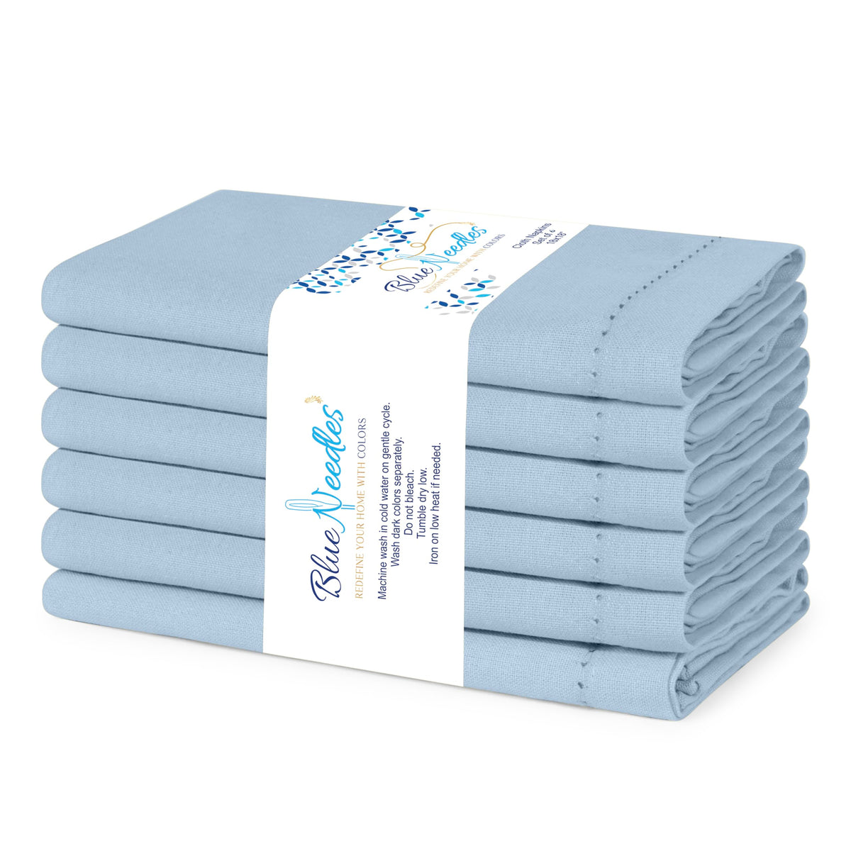 Blue Needles hemstitch napkin in ice blue with 18x18 size for elegant table settings and durability.