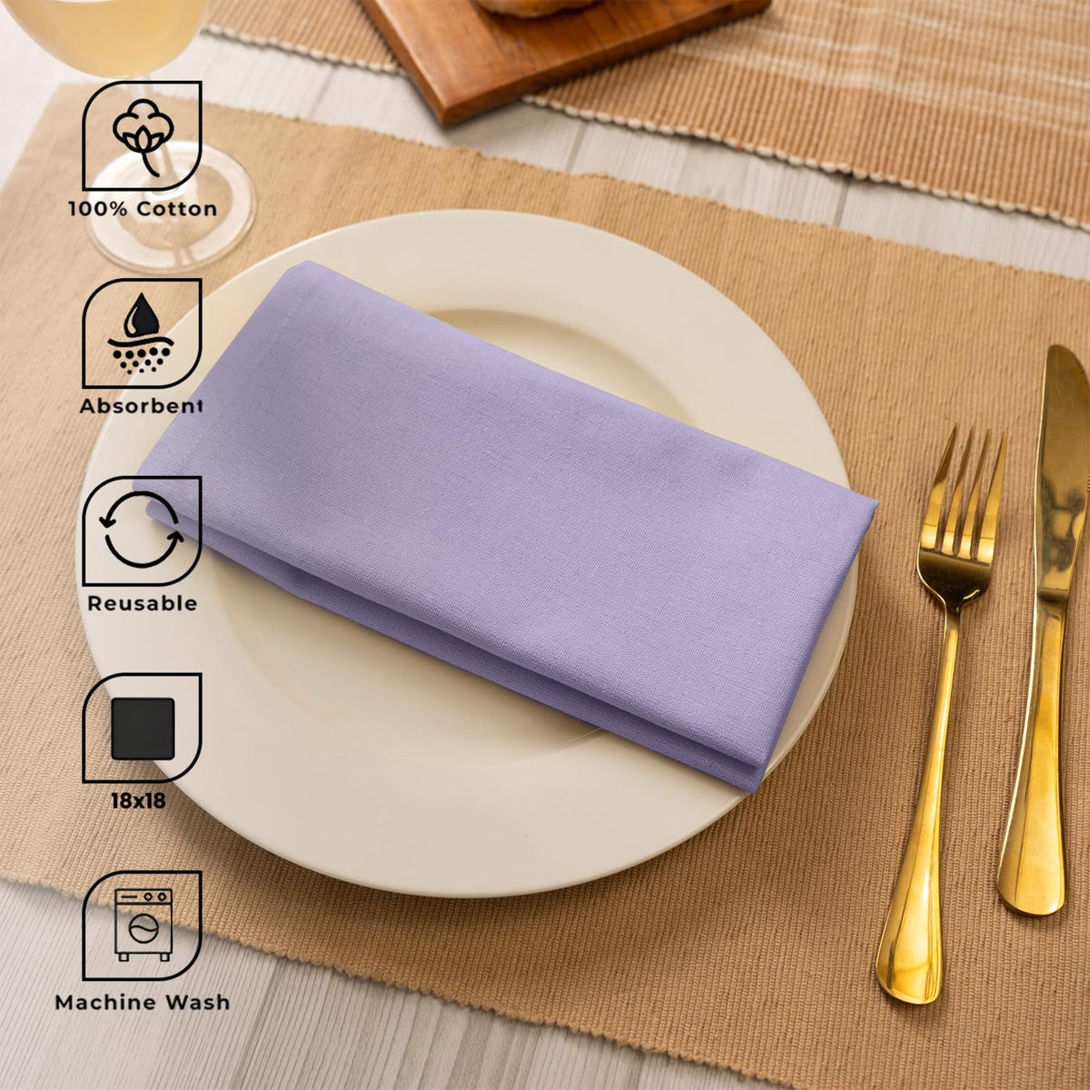 Blue Needles lavender napkins demonstrate quick-dry, machine-washable care.