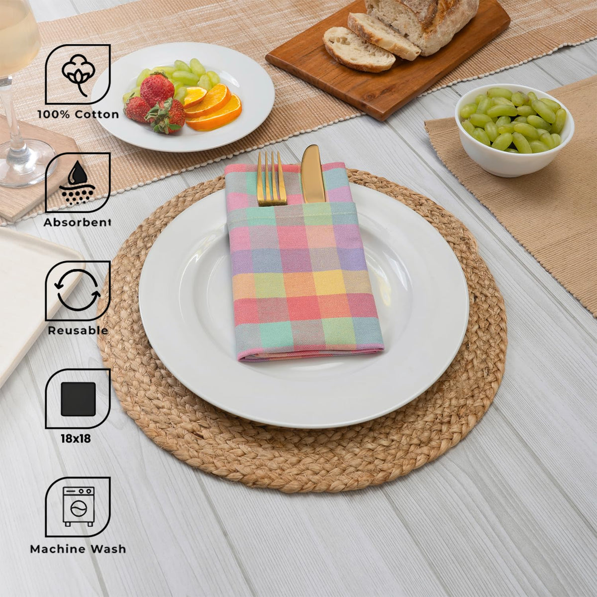 Blue Needles napkins multicolor pastel checks, ideal for Easter tables.