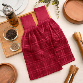 Blue Needles red towels drying dishes and wiping surfaces efficiently.