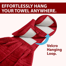 Blue Needles red hanging towel folded for compact storage and drying readiness.