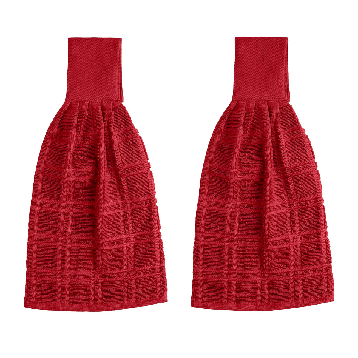 Blue Needles red hanging towel front view shows compact 9x17 size for easy hand drying.