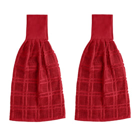 Blue Needles red hanging towel front view shows compact 9x17 size for easy hand drying.