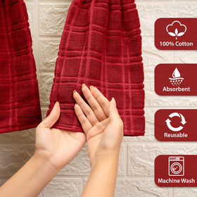Blue Needles red 9x17 towel with reinforced loop and secure hang tab.