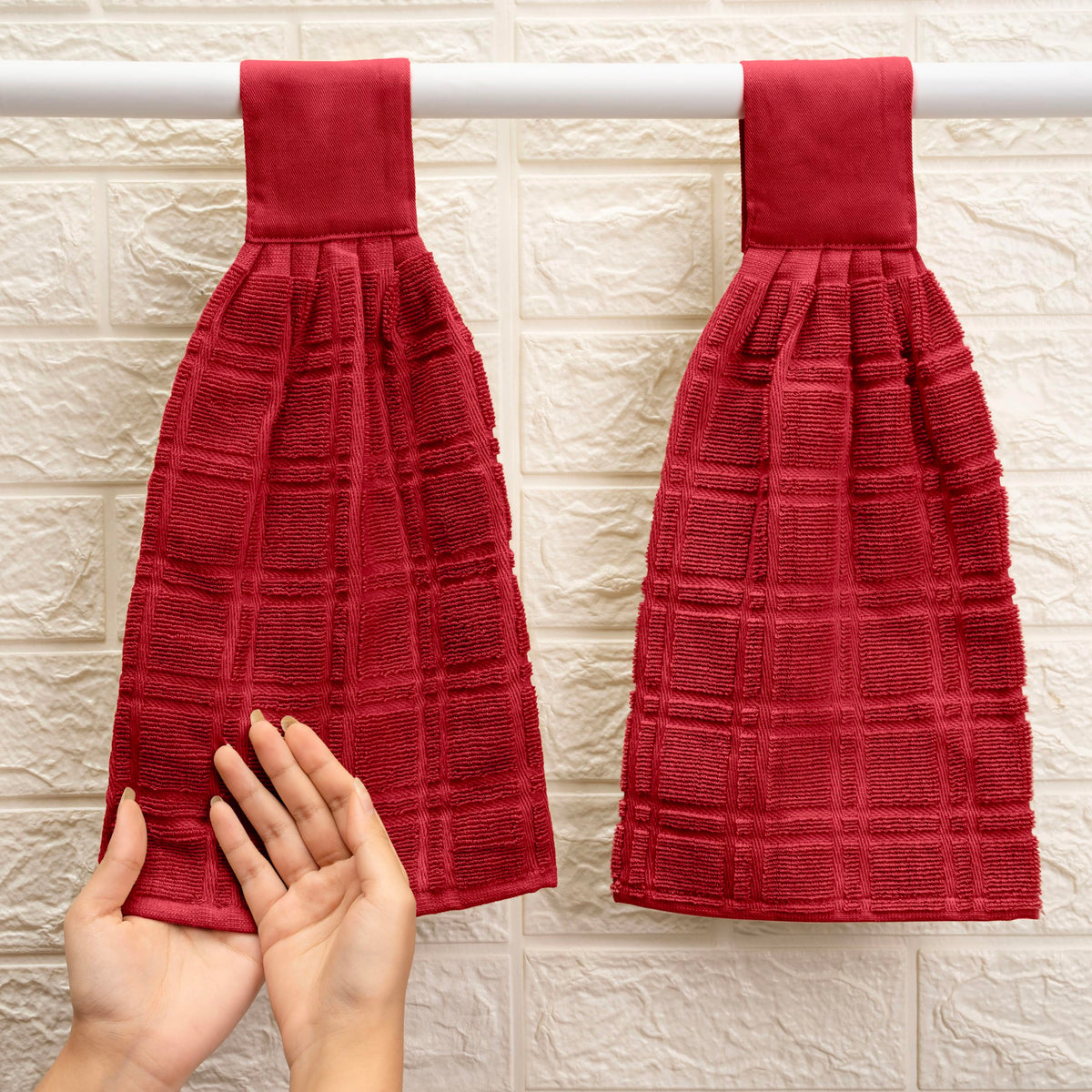Blue Needles red towel hung on oven handle keeps counters tidy.