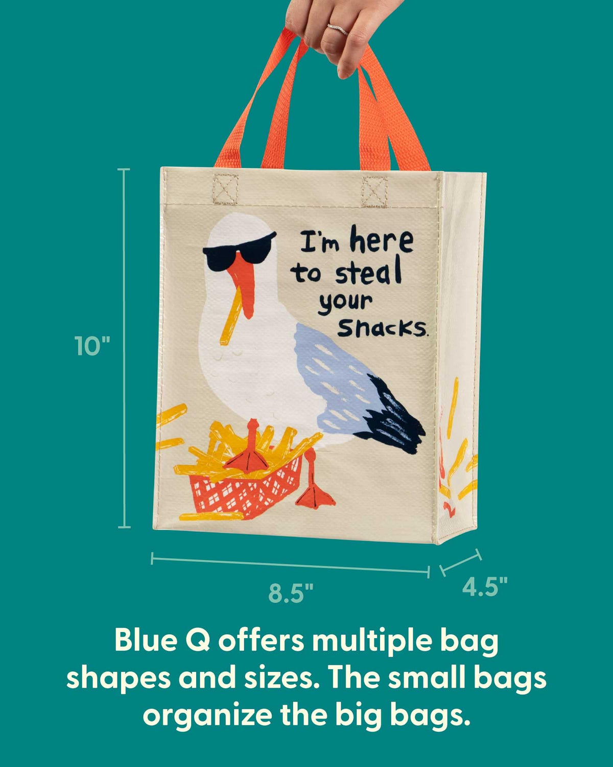 Blue Q Handy Tote shows 95 percent recycled material and sturdy construction