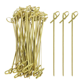 Blue Top bamboo cocktail picks with looped knot for elegant drink garnishes.