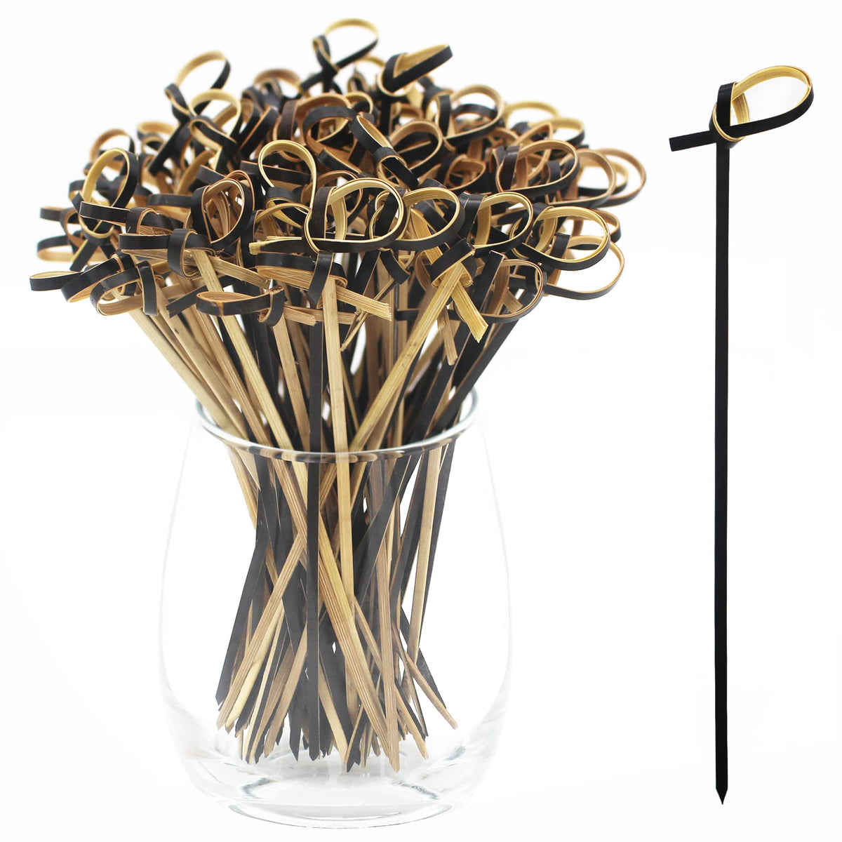 Blue Top bamboo cocktail picks with a black looped knot for elegant 4-inch skewers at parties.