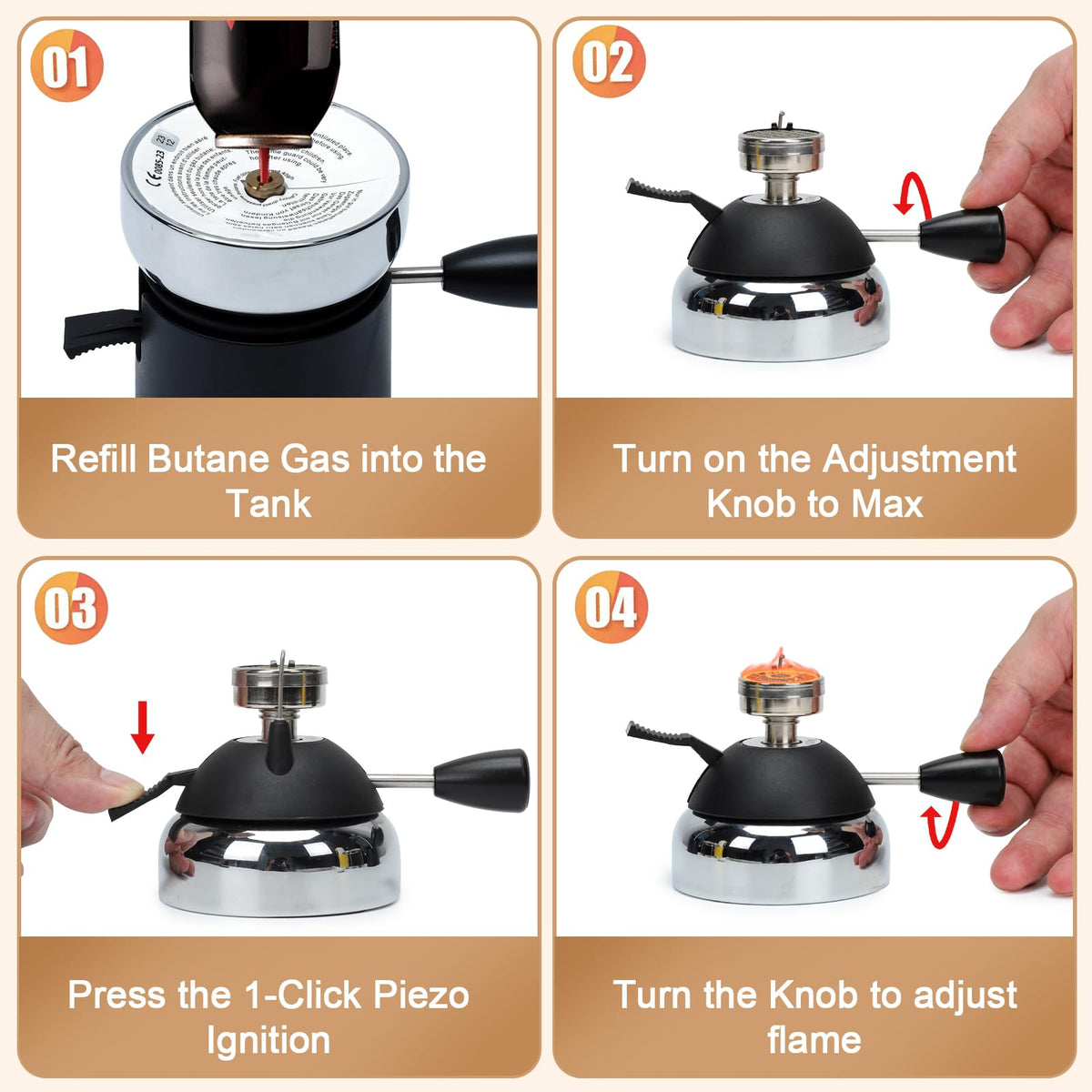 BlueFire safety ignition button starts quickly with controlled flame