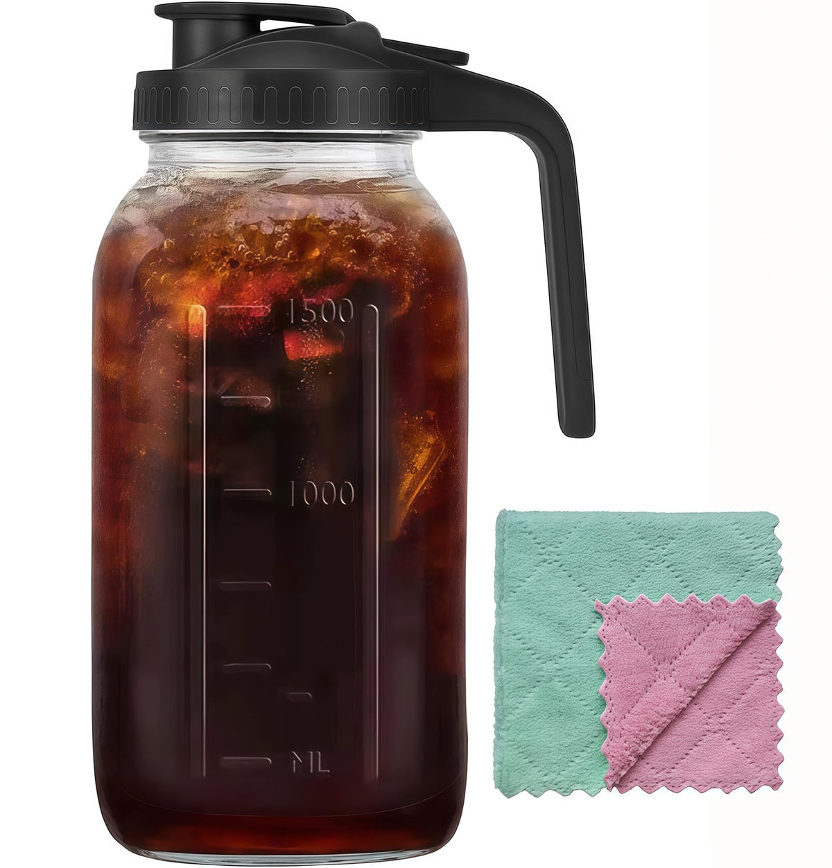 BLUEJUNWEI 64oz glass pitcher with handle and lid for easy pouring and freshness
