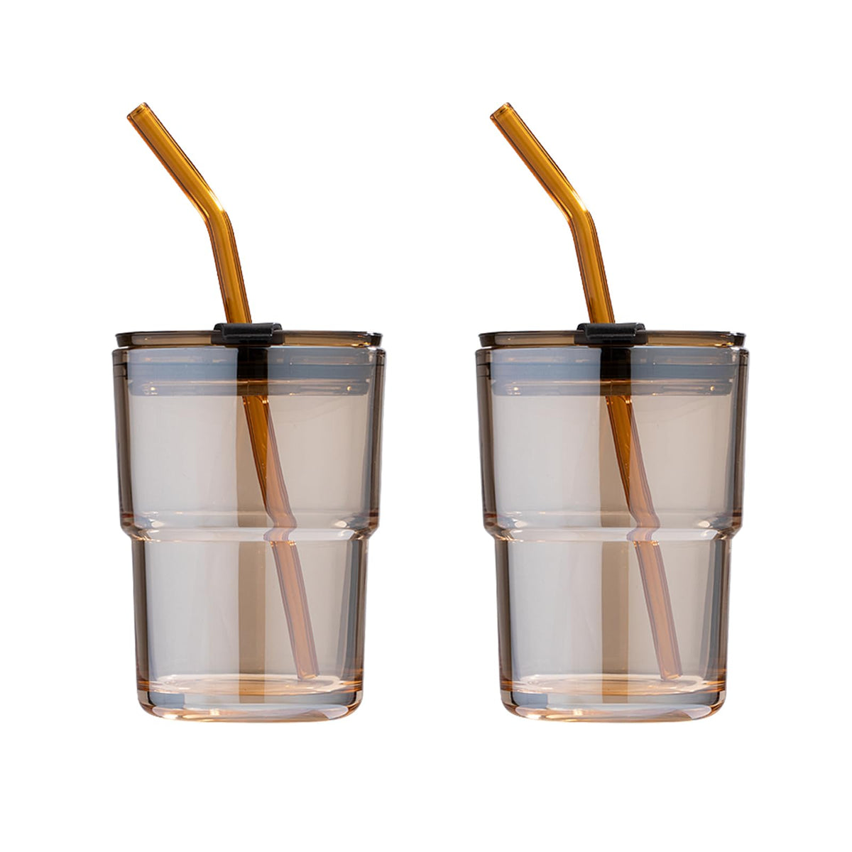 BluePolar 13oz amber tumbler with lid, showing durable glass and leak-proof design.