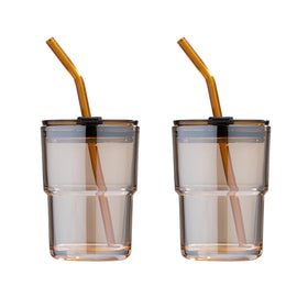 BluePolar 13oz amber tumbler with lid, showing durable glass and leak-proof design.
