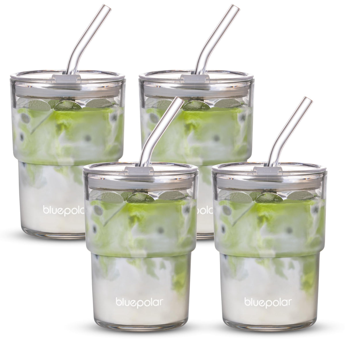 BLUEPOLAR 13oz glass tumbler in Aurora White four-pack for daily hydration.