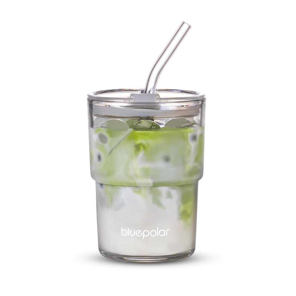 BLUEPOLAR 13oz glass tumbler, aurora white, keeps beverages cold and portable.