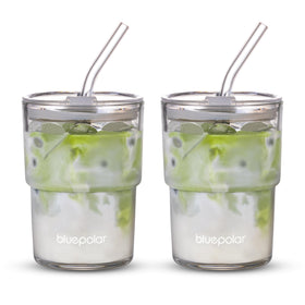 BLUEPOLAR 13oz glass tumbler with lid and straw, ideal for on-the-go hydration.